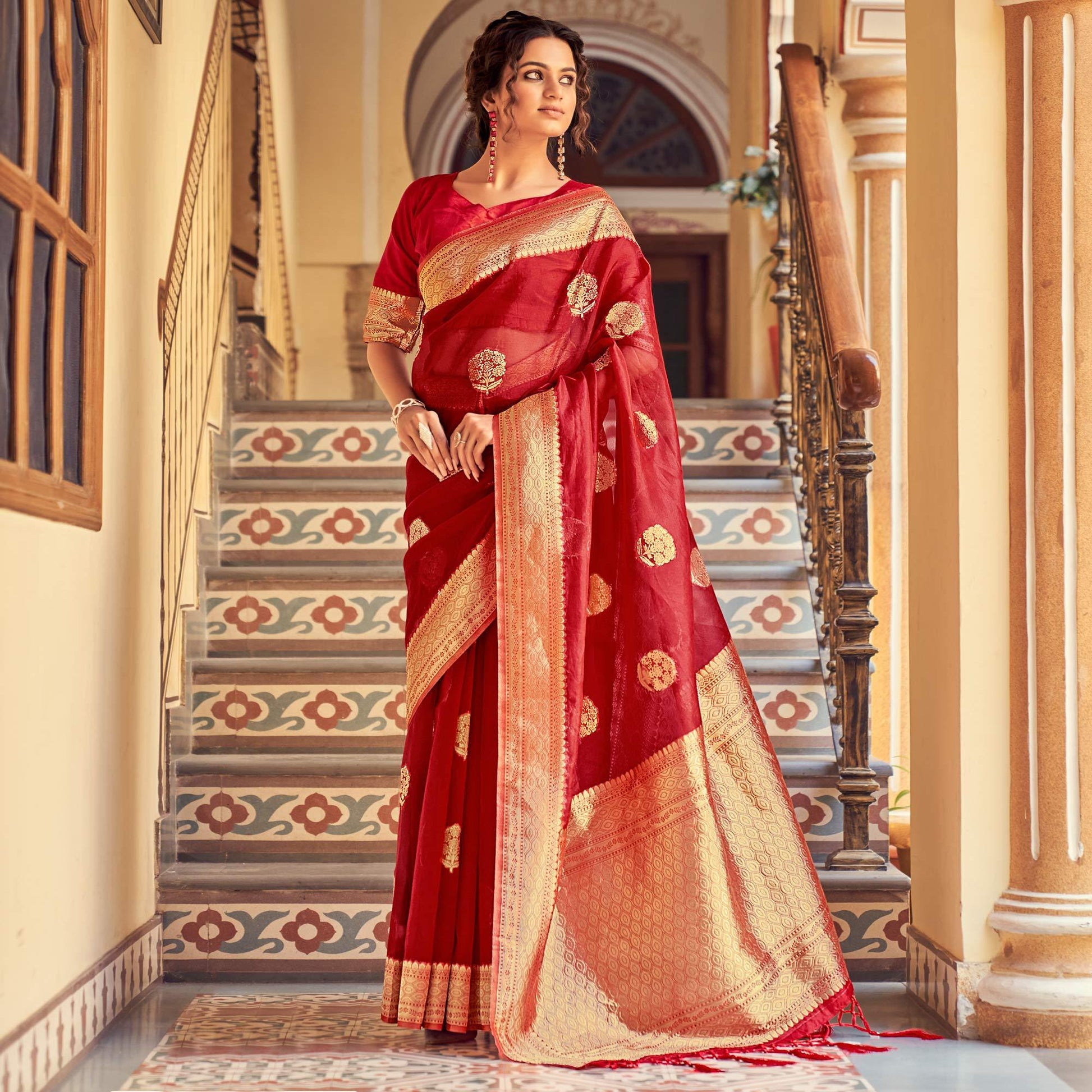 Maroon Festive Wear Woven Organza Saree