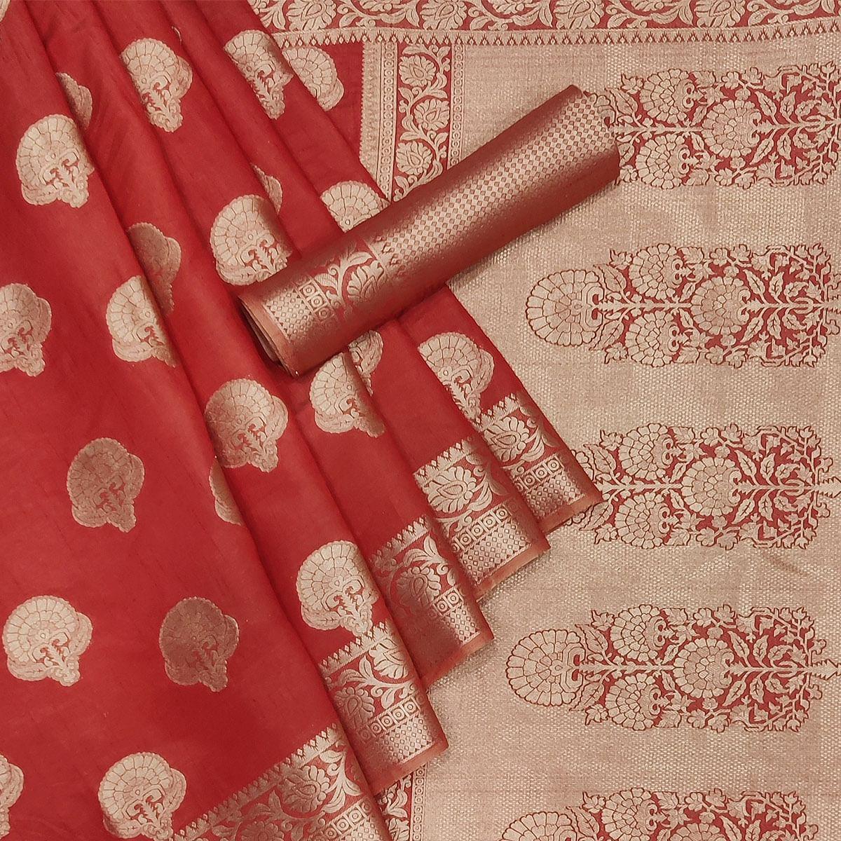 Maroon Festive Wear Woven Raw Silk Saree