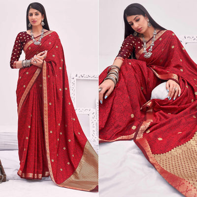 Maroon Festive Wear Woven Satin Saree