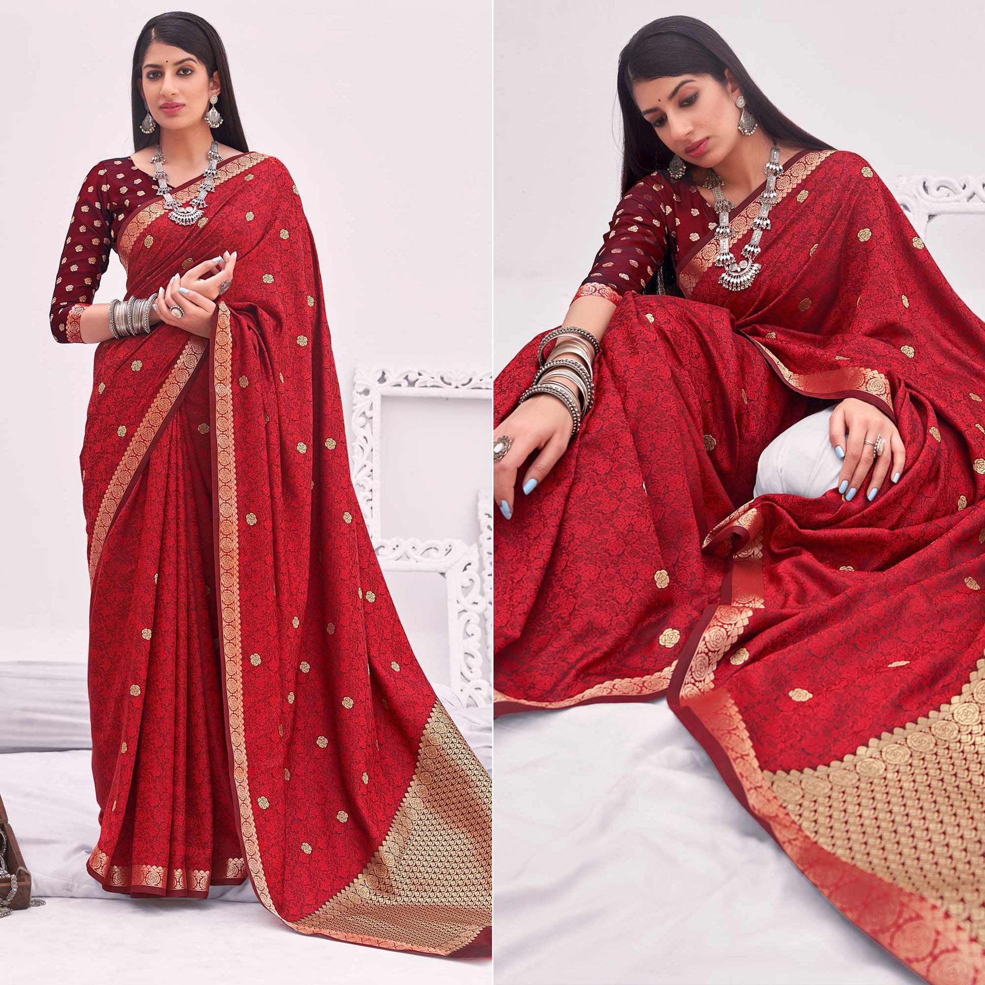 Maroon Festive Wear Woven Satin Saree