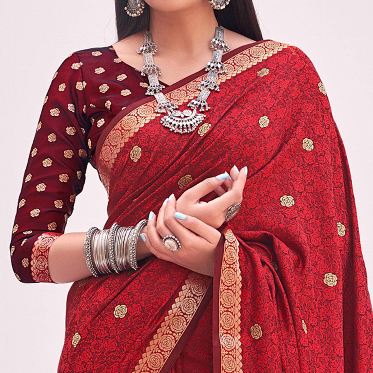Maroon Festive Wear Woven Satin Saree