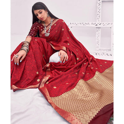 Maroon Festive Wear Woven Satin Saree