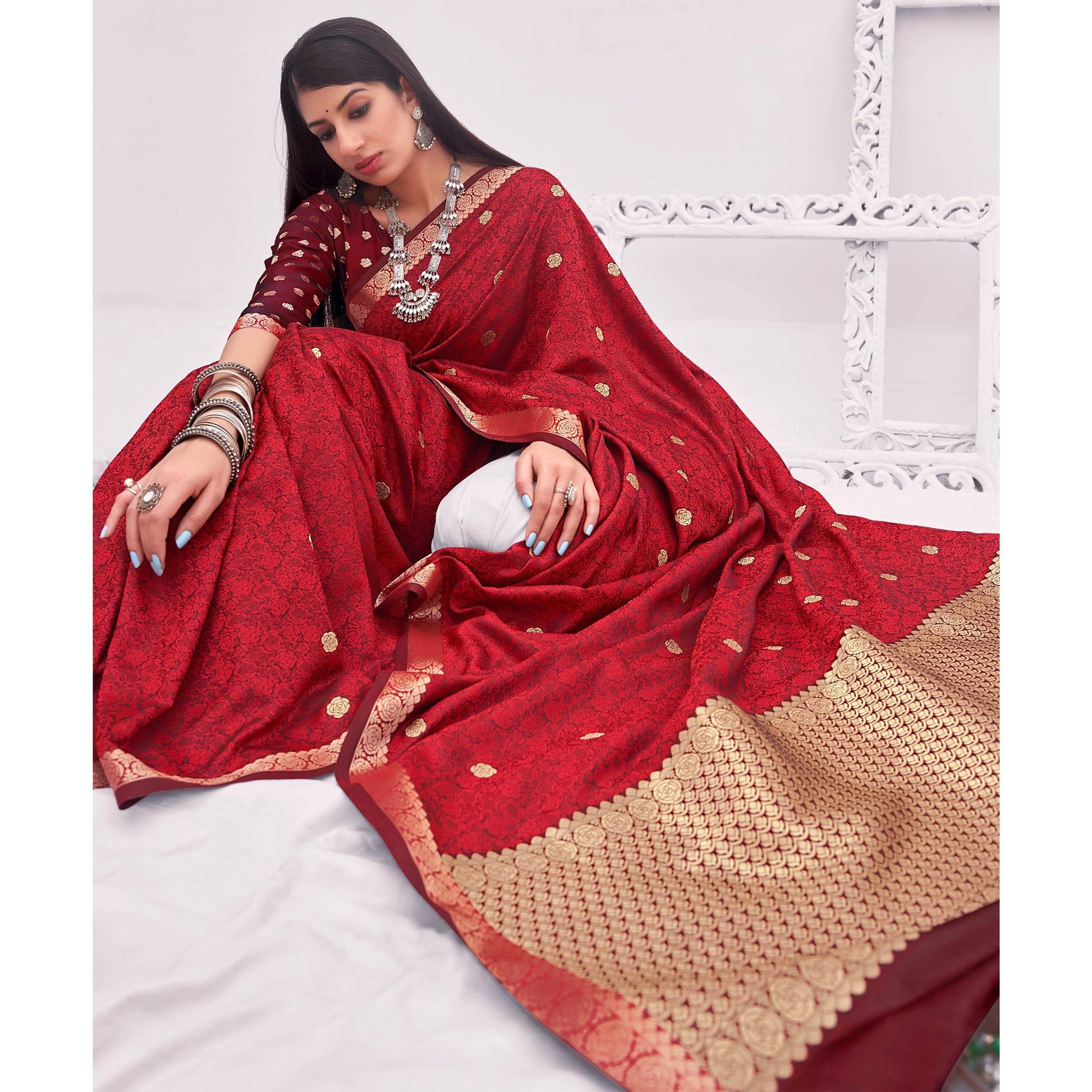 Maroon Festive Wear Woven Satin Saree