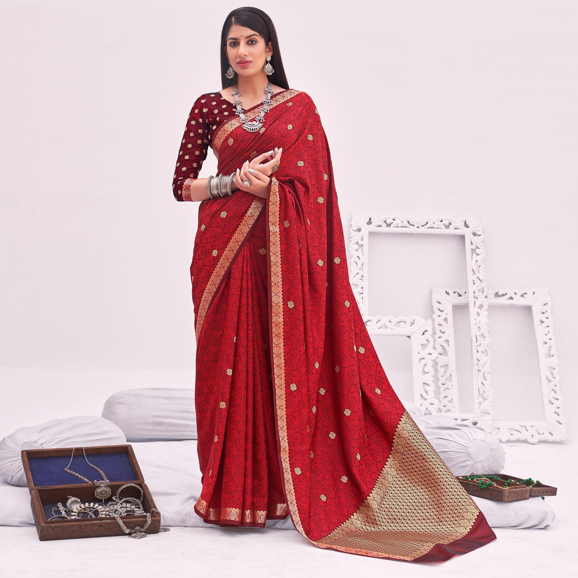 Maroon Festive Wear Woven Satin Saree