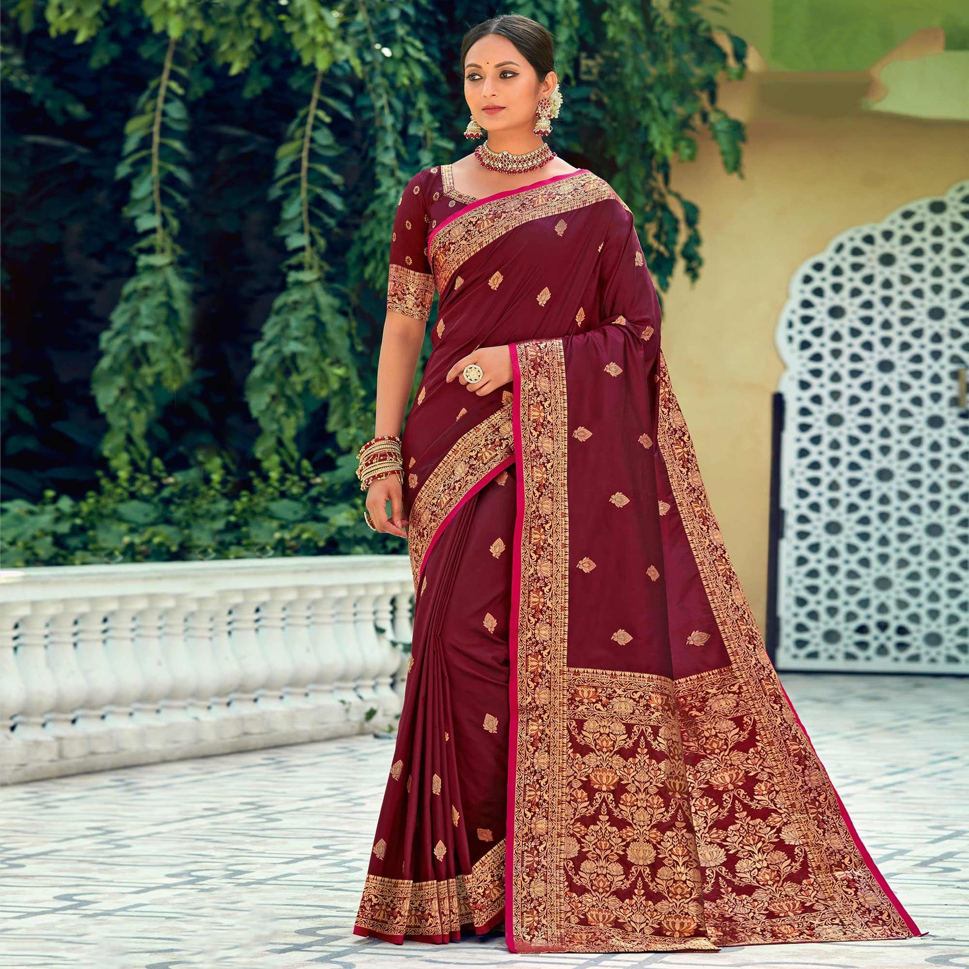 Maroon Festive Wear Woven Silk Saree