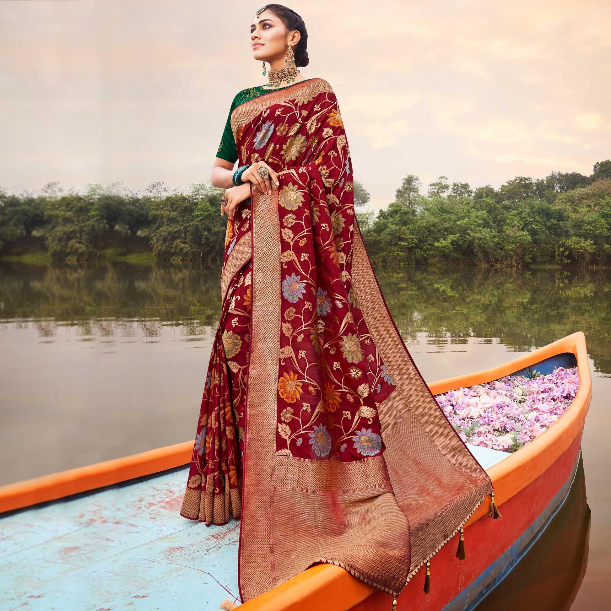 Maroon Festive Wear Woven Silk Saree