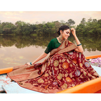 Maroon Festive Wear Woven Silk Saree