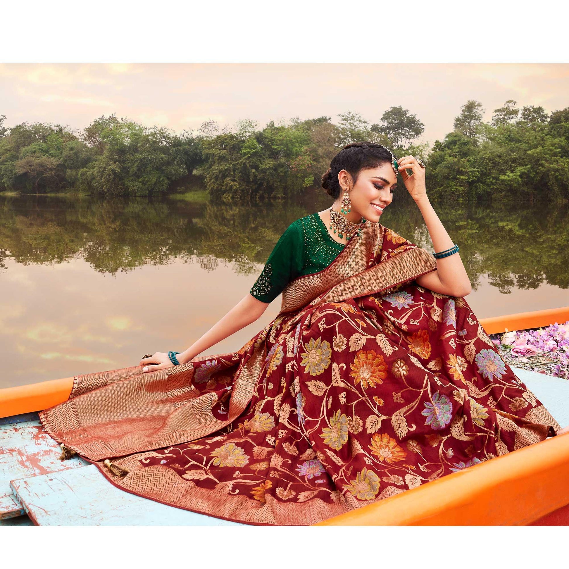 Maroon Festive Wear Woven Silk Saree
