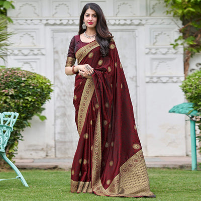 Maroon Festive Wear Woven Soft Silk Satin Saree