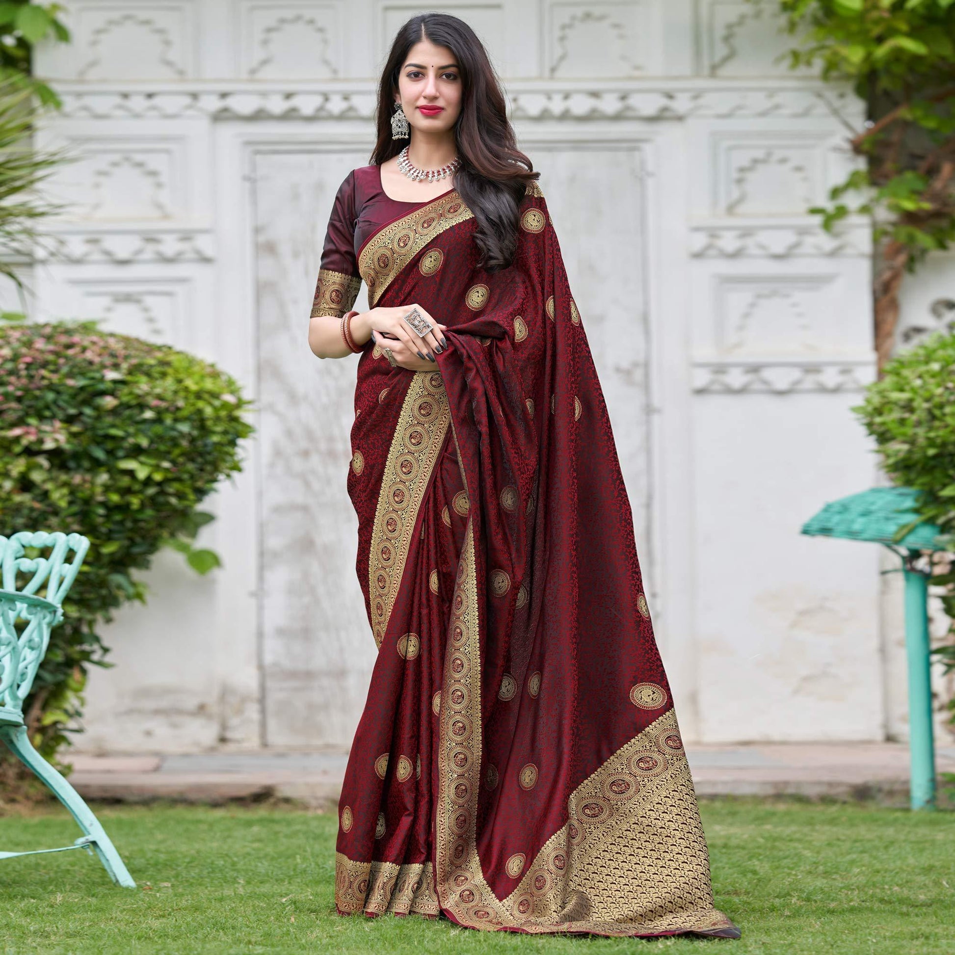 Maroon Festive Wear Woven Soft Silk Satin Saree