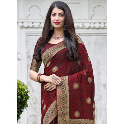Maroon Festive Wear Woven Soft Silk Satin Saree
