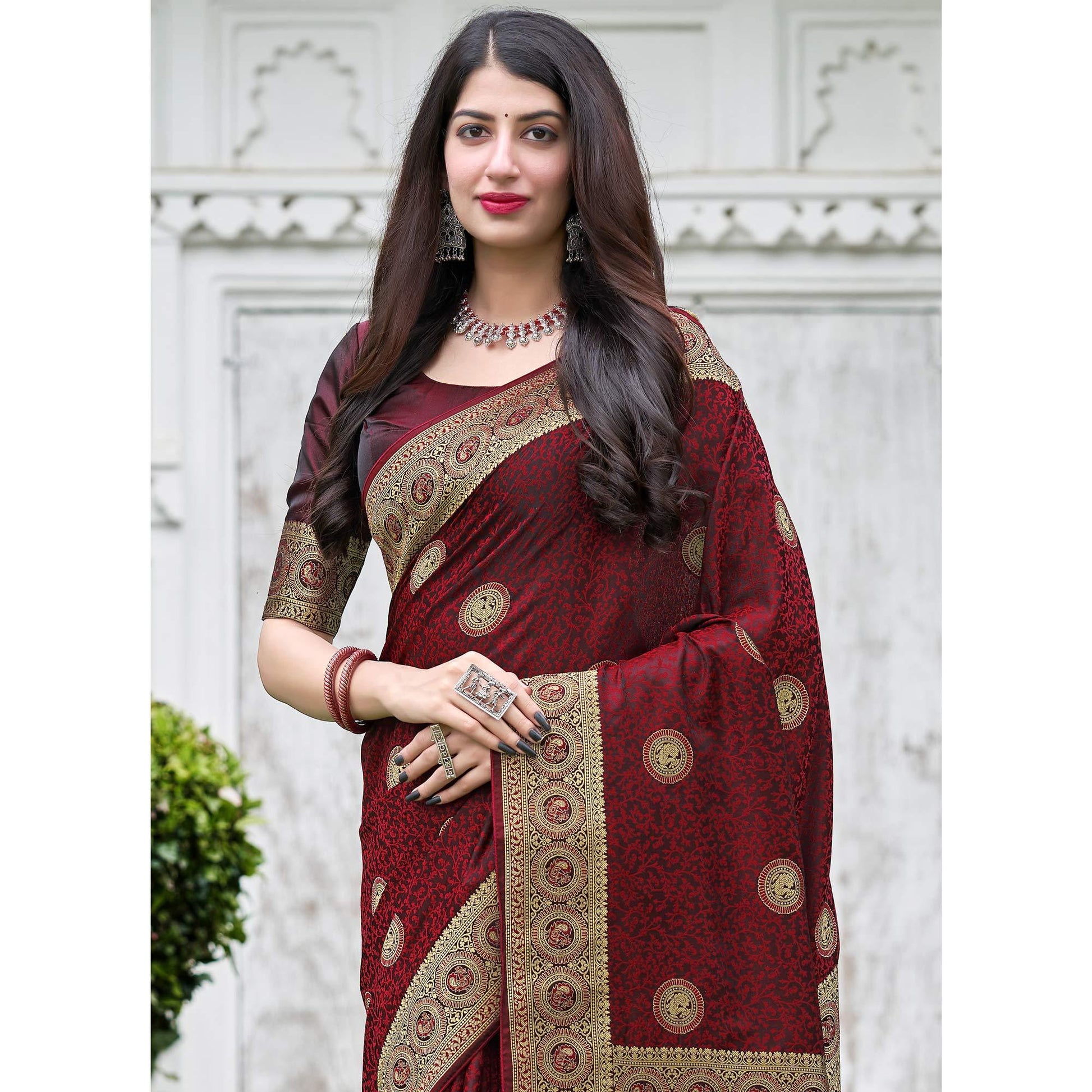Maroon Festive Wear Woven Soft Silk Satin Saree
