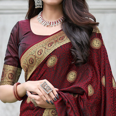 Maroon Festive Wear Woven Soft Silk Satin Saree