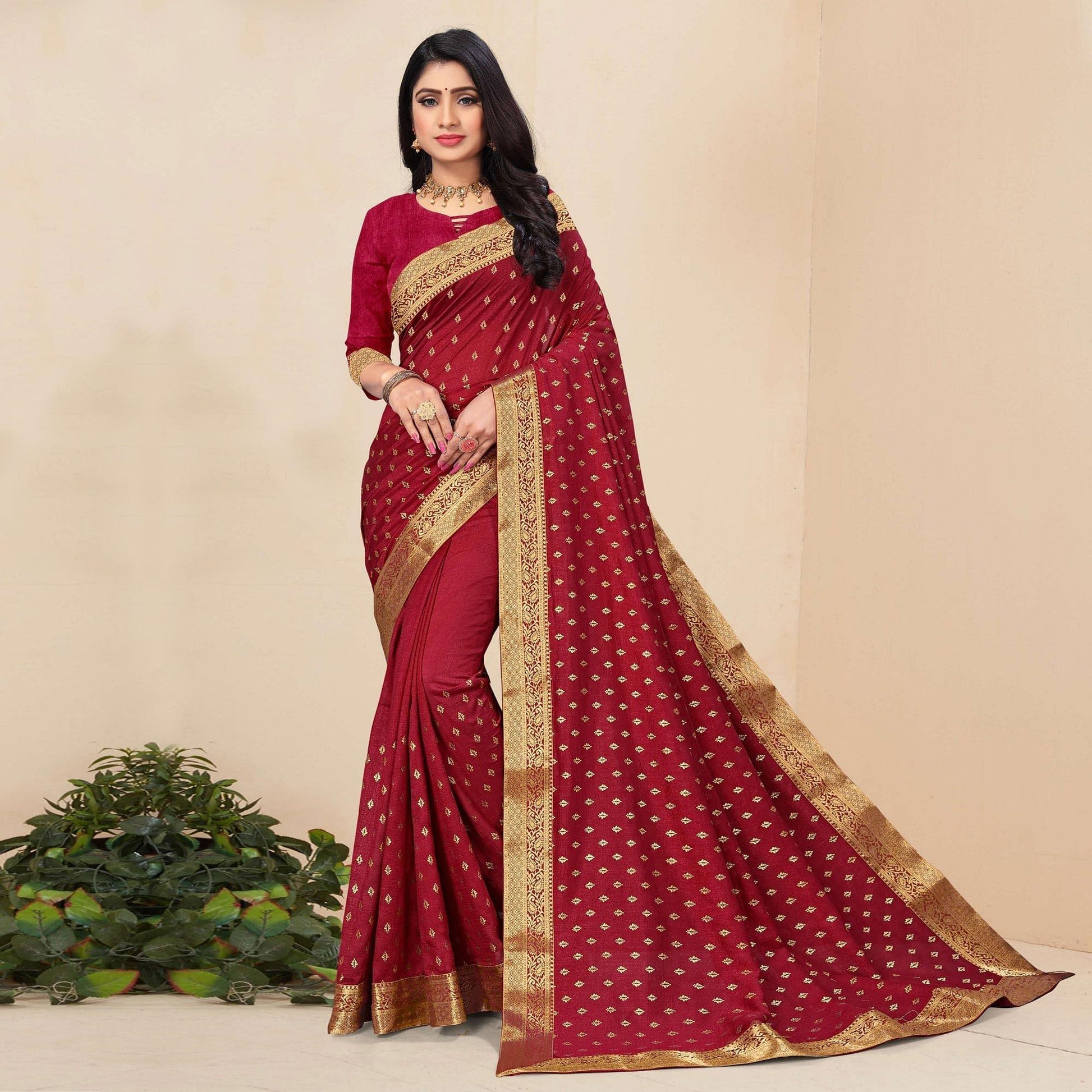 Maroon Festive Wear Woven Vichitra Silk Saree