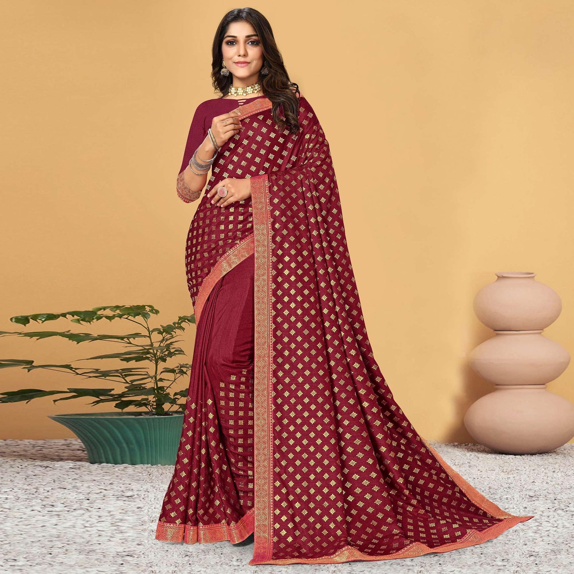 Maroon Festive Wear Woven Vichitra Silk Saree