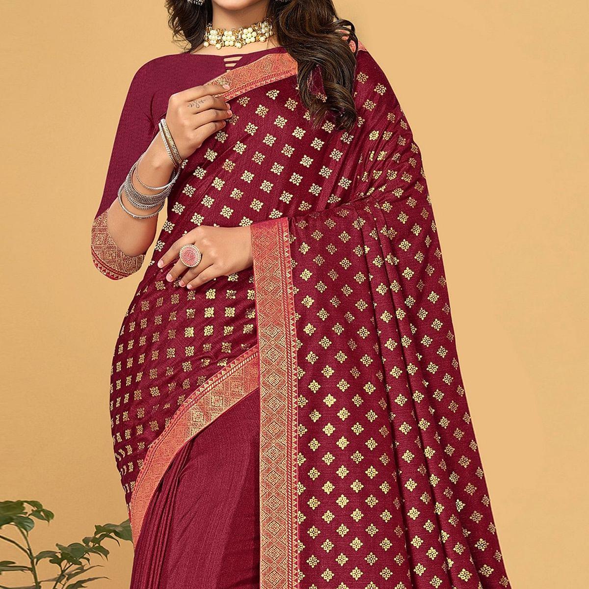 Maroon Festive Wear Woven Vichitra Silk Saree