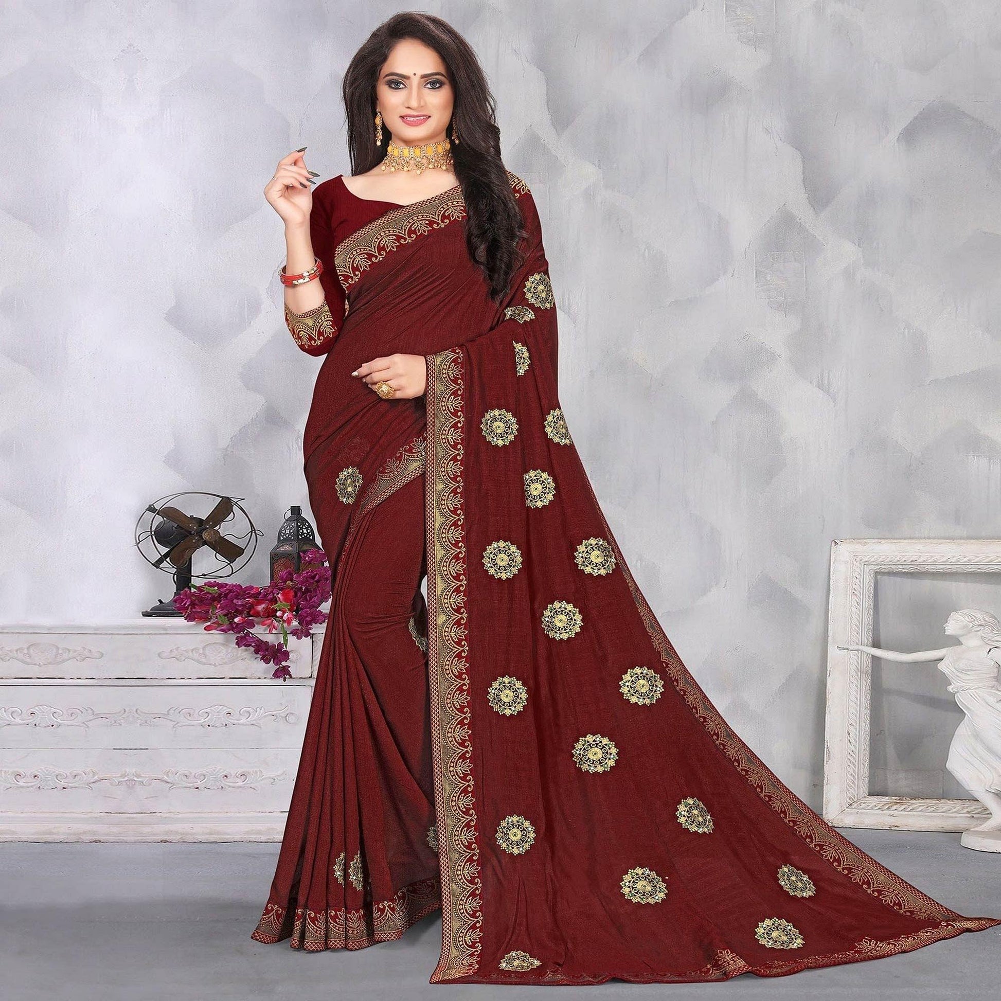 Maroon Festive Wear Woven With Embellished Vichitra Silk Saree