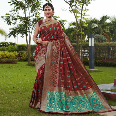 Maroon Festive Wear Woven With Meena Rappier Lichi Silk Saree