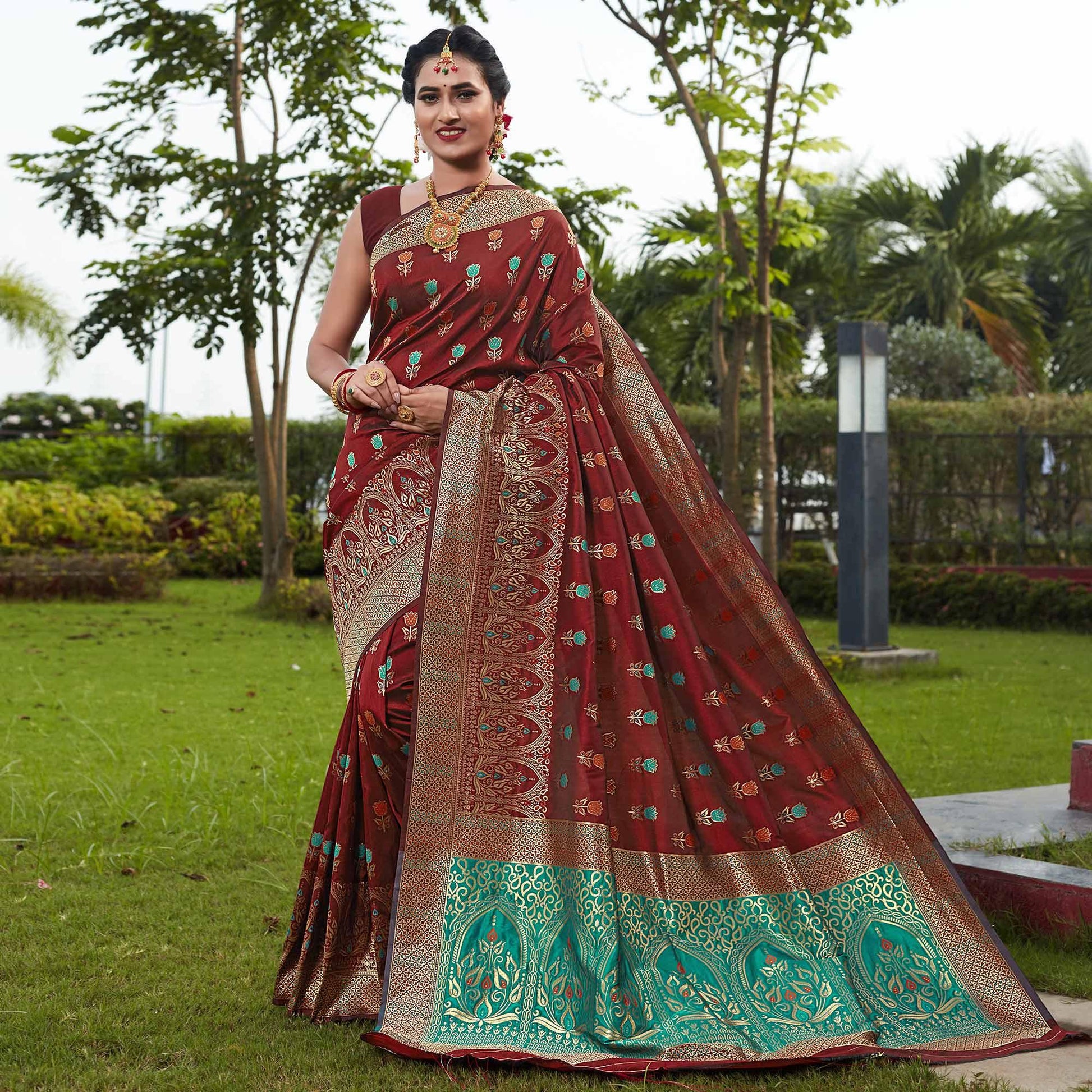 Maroon Festive Wear Woven With Meena Rappier Lichi Silk Saree