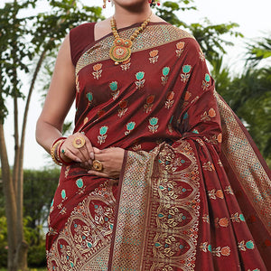 Maroon Festive Wear Woven With Meena Rappier Lichi Silk Saree