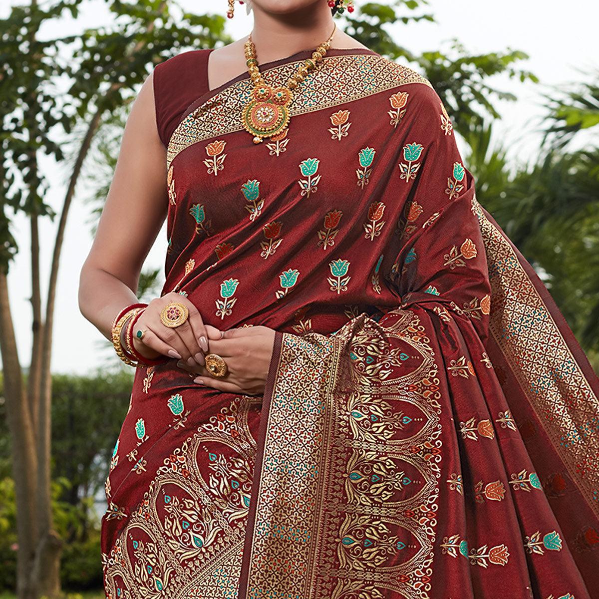 Maroon Festive Wear Woven With Meena Rappier Lichi Silk Saree