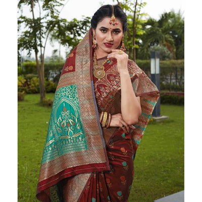 Maroon Festive Wear Woven With Meena Rappier Lichi Silk Saree