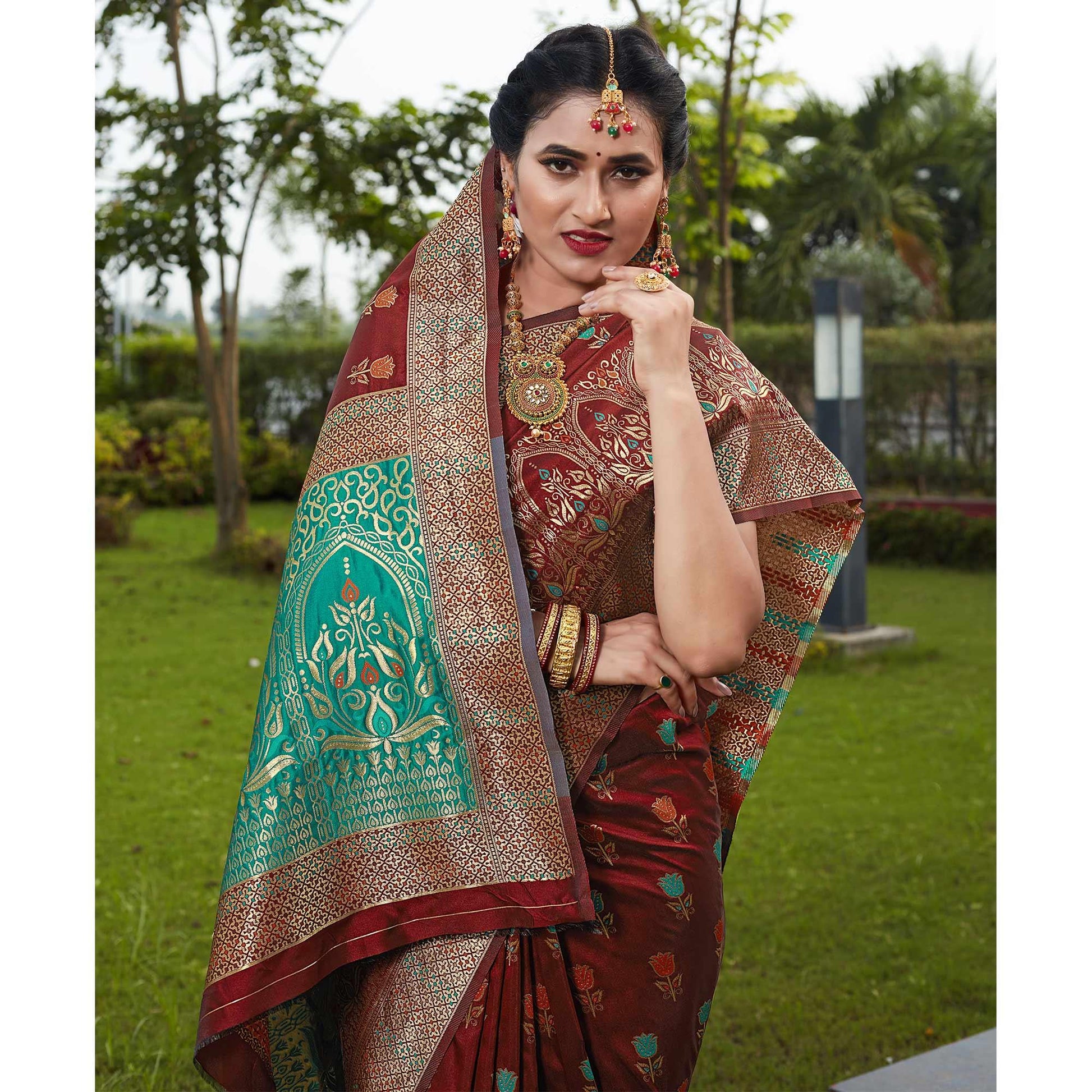 Maroon Festive Wear Woven With Meena Rappier Lichi Silk Saree