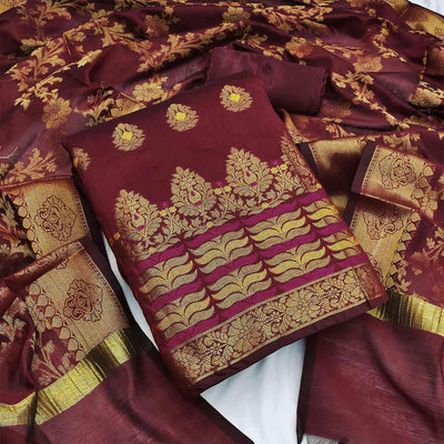 Maroon Festive Wear Woven Work with Tassels Banarasi Jacquard Dress Material