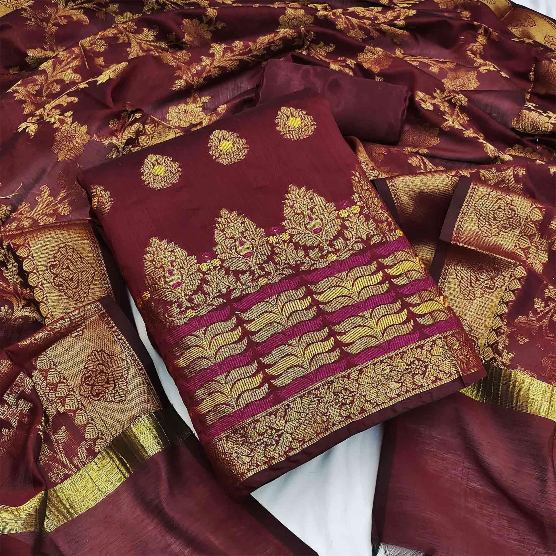 Maroon Festive Wear Woven Work with Tassels Banarasi Jacquard Dress Material