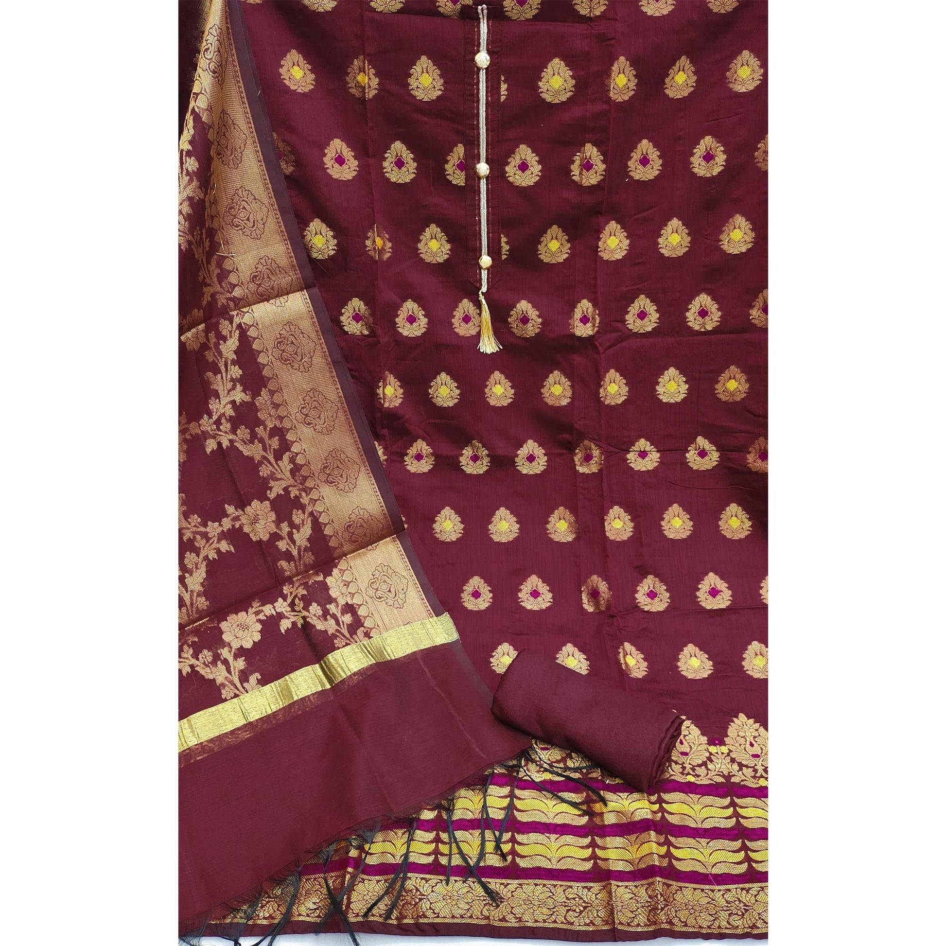 Maroon Festive Wear Woven Work with Tassels Banarasi Jacquard Dress Material