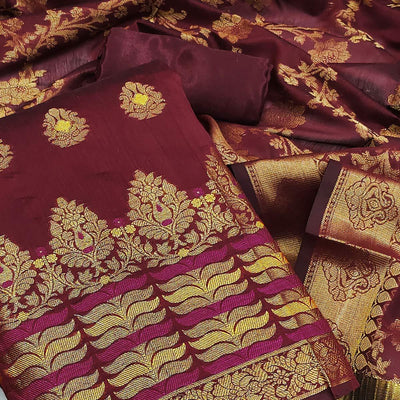 Maroon Festive Wear Woven Work with Tassels Banarasi Jacquard Dress Material