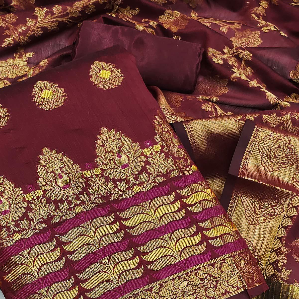 Maroon Festive Wear Woven Work with Tassels Banarasi Jacquard Dress Material