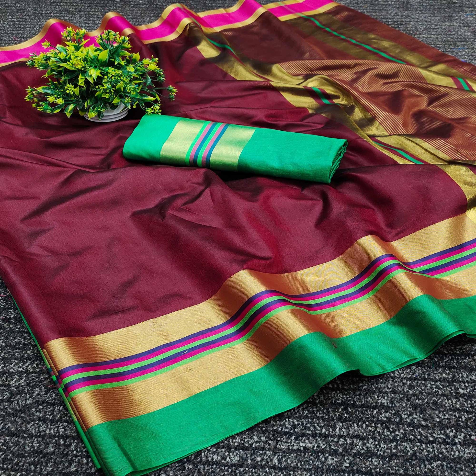 Maroon Festive Wear Zari Border Cotton Blend Saree
