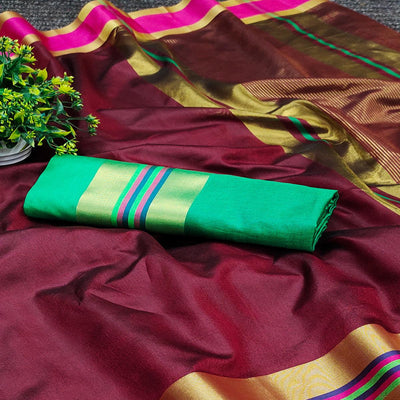 Maroon Festive Wear Zari Border Cotton Blend Saree
