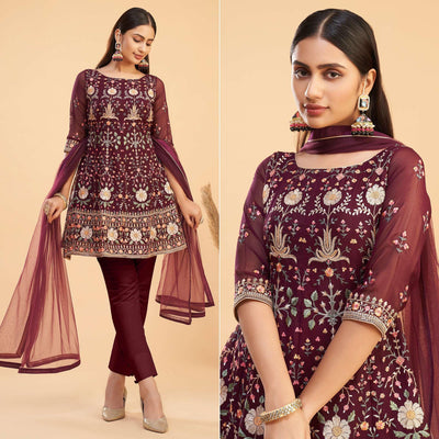 Maroon Floral Embroiderd Georgette Salwar Suit