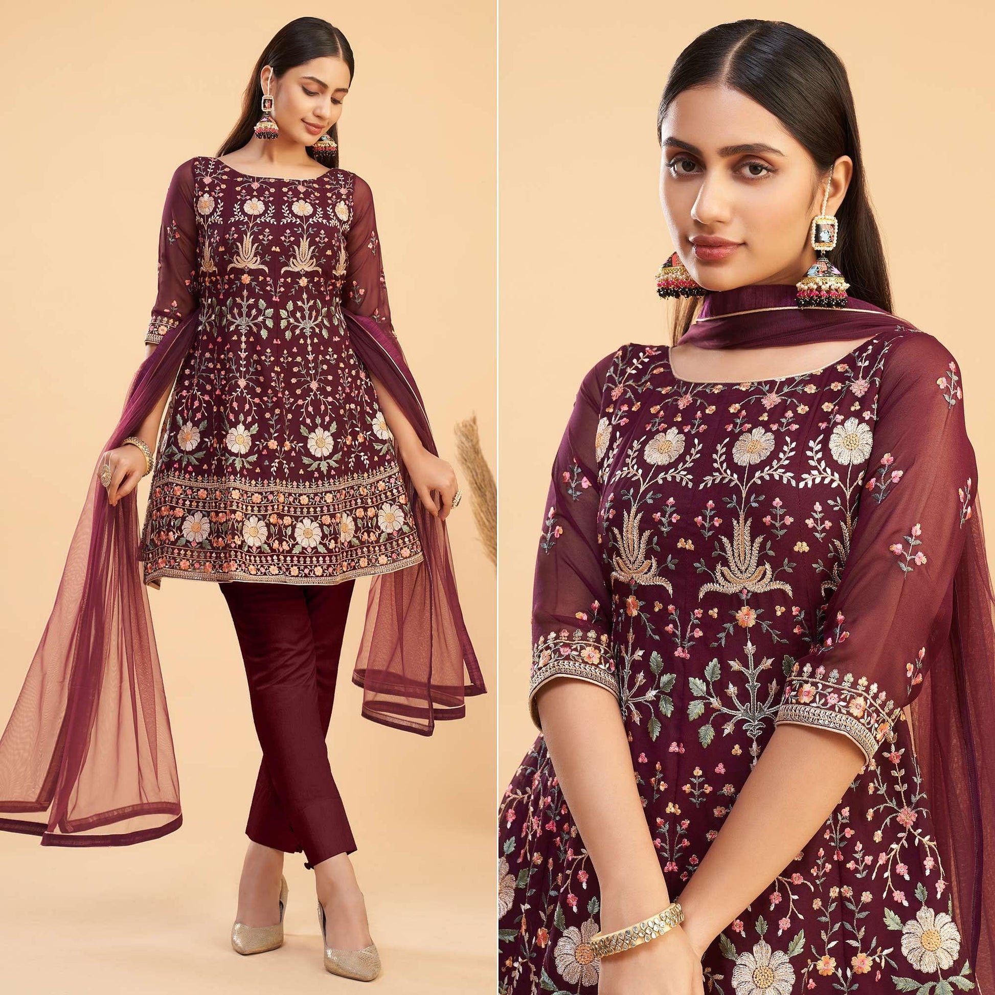Maroon Floral Embroiderd Georgette Salwar Suit