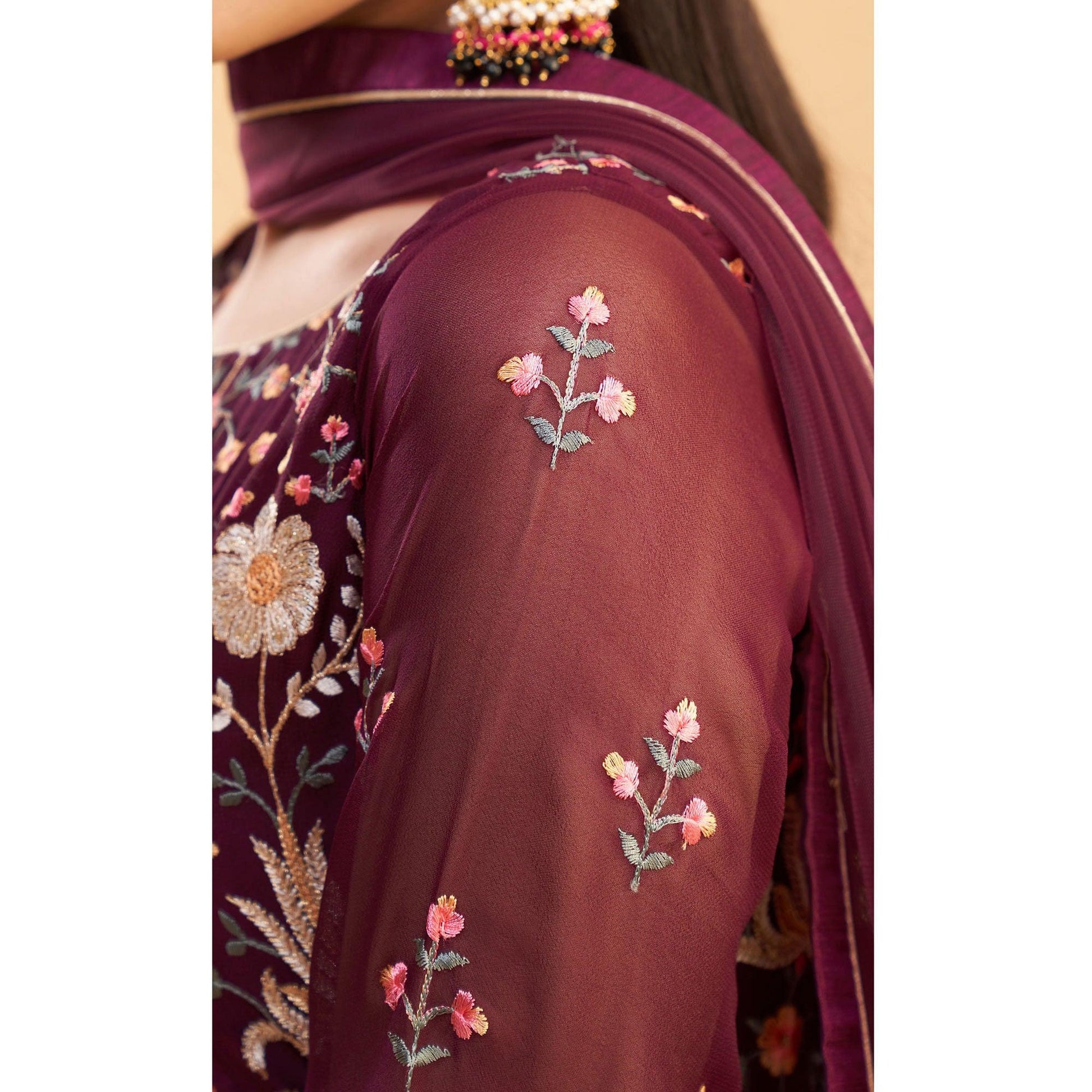 Maroon Floral Embroiderd Georgette Salwar Suit
