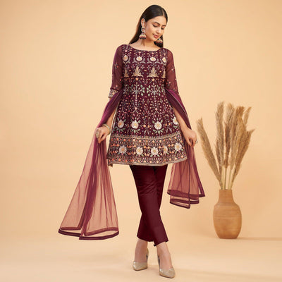 Maroon Floral Embroiderd Georgette Salwar Suit