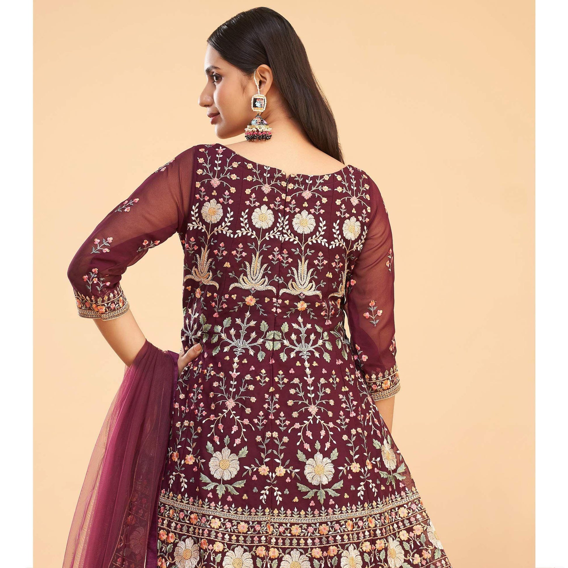 Maroon Floral Embroiderd Georgette Salwar Suit