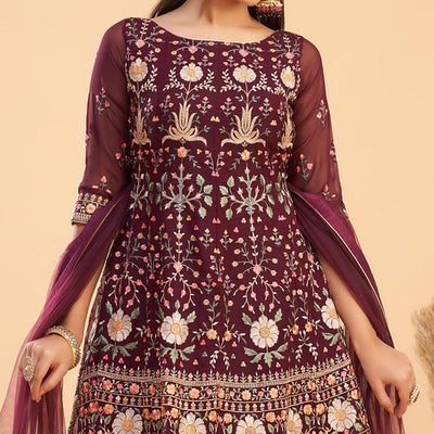 Maroon Floral Embroiderd Georgette Salwar Suit