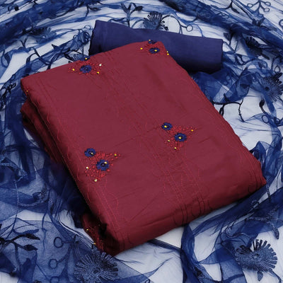 Maroon Floral Embroidered Art Silk Dress Material