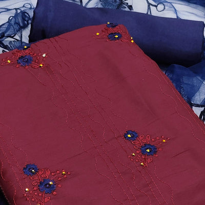 Maroon Floral Embroidered Art Silk Dress Material