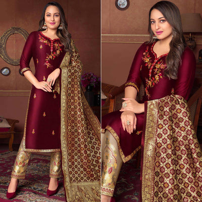Maroon Floral Embroidered Art Silk Kurti Pant Set With Dupatta