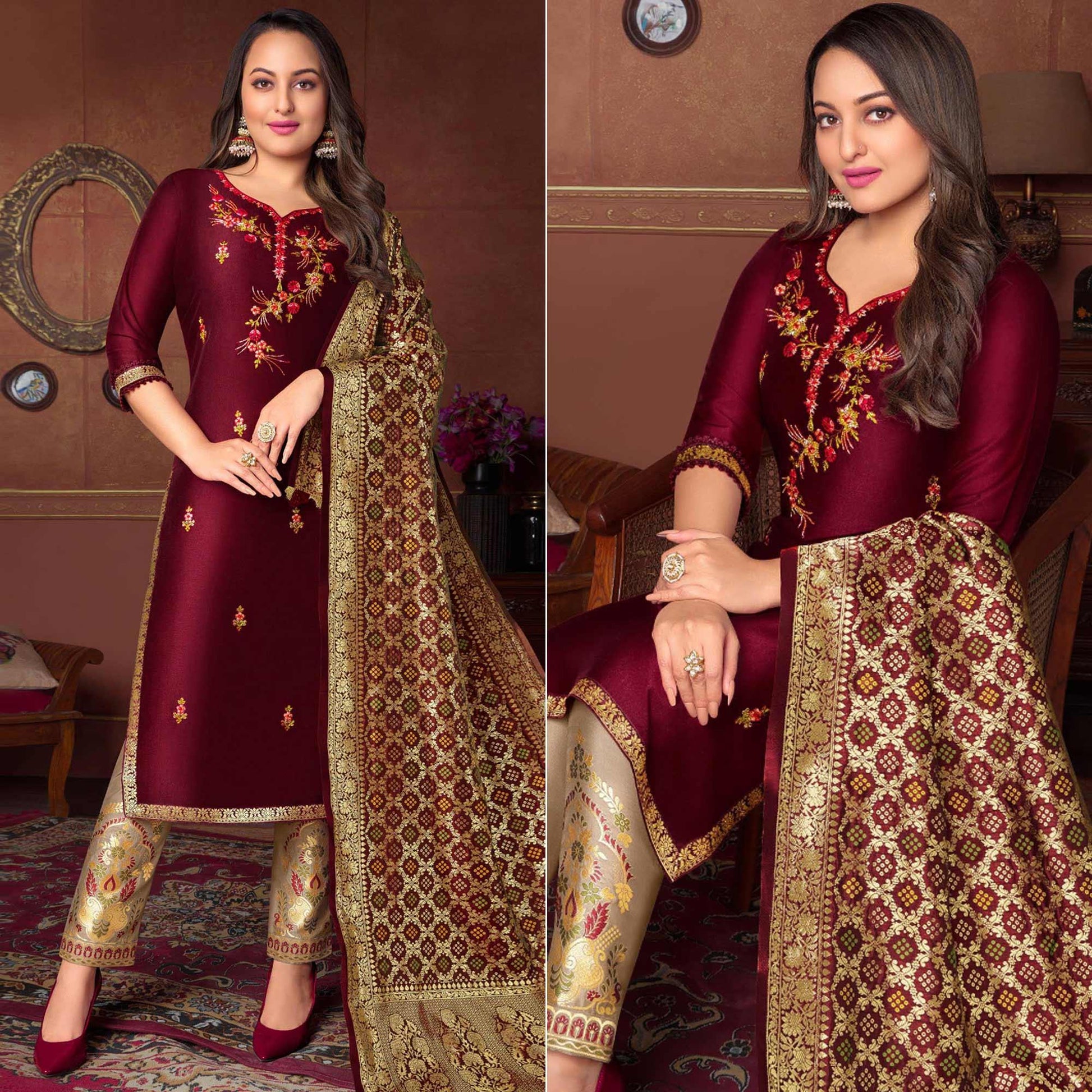 Maroon Floral Embroidered Art Silk Kurti Pant Set With Dupatta