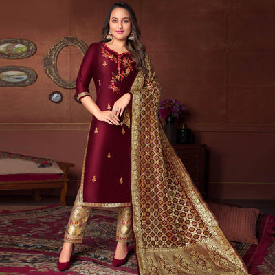 Maroon Floral Embroidered Art Silk Kurti Pant Set With Dupatta