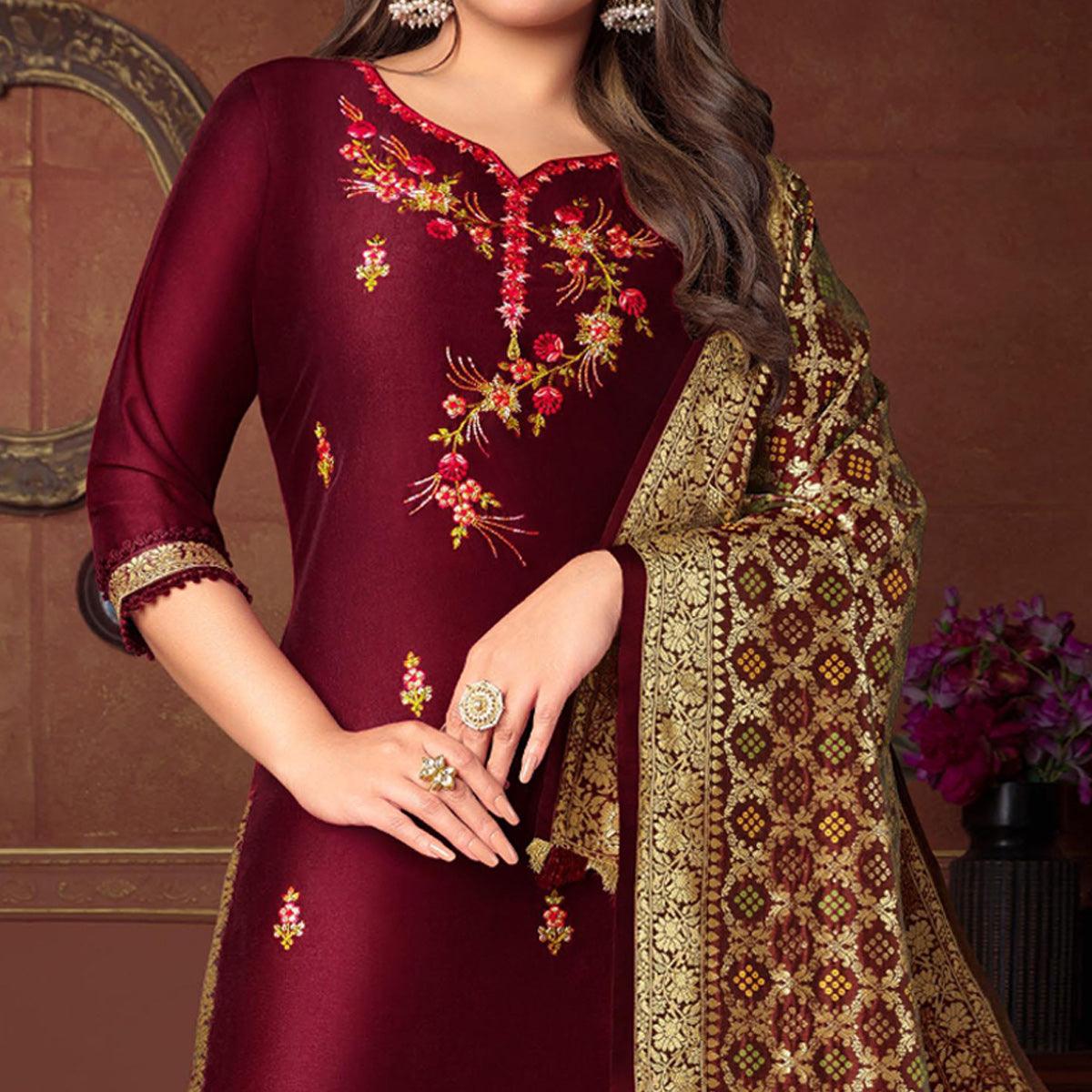 Maroon Floral Embroidered Art Silk Kurti Pant Set With Dupatta