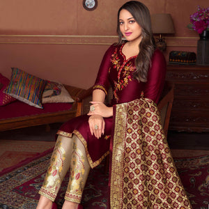 Maroon Floral Embroidered Art Silk Kurti Pant Set With Dupatta