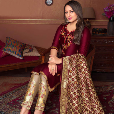 Maroon Floral Embroidered Art Silk Kurti Pant Set With Dupatta