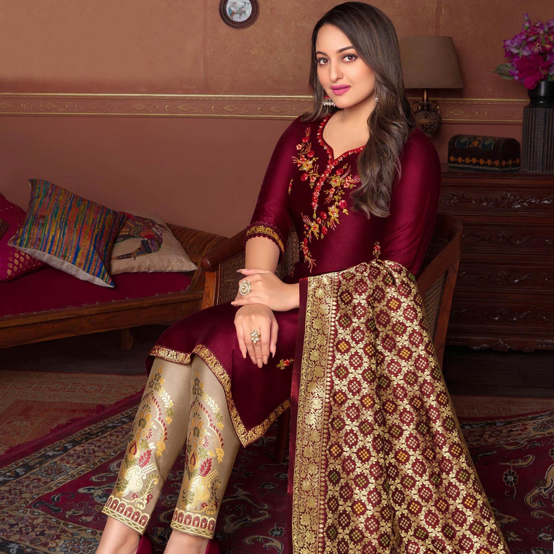 Maroon Floral Embroidered Art Silk Kurti Pant Set With Dupatta