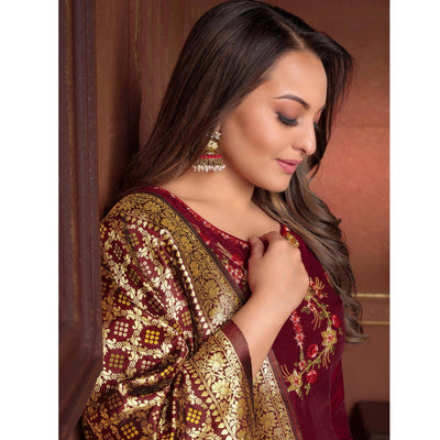Maroon Floral Embroidered Art Silk Kurti Pant Set With Dupatta
